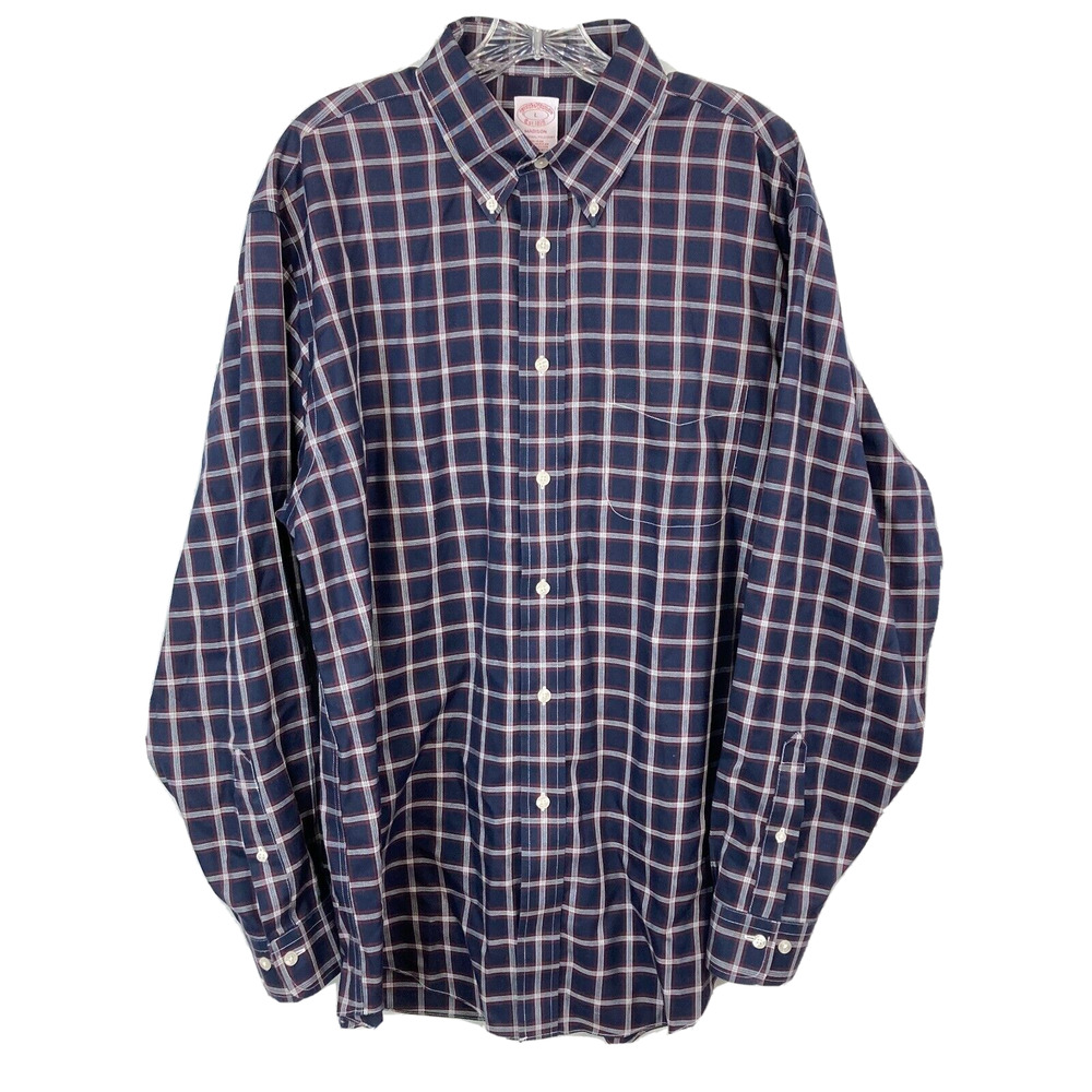 Brooks Brothers Shirt Mens Sz L Navy Blue White Cotton Plaid Madison Button Up